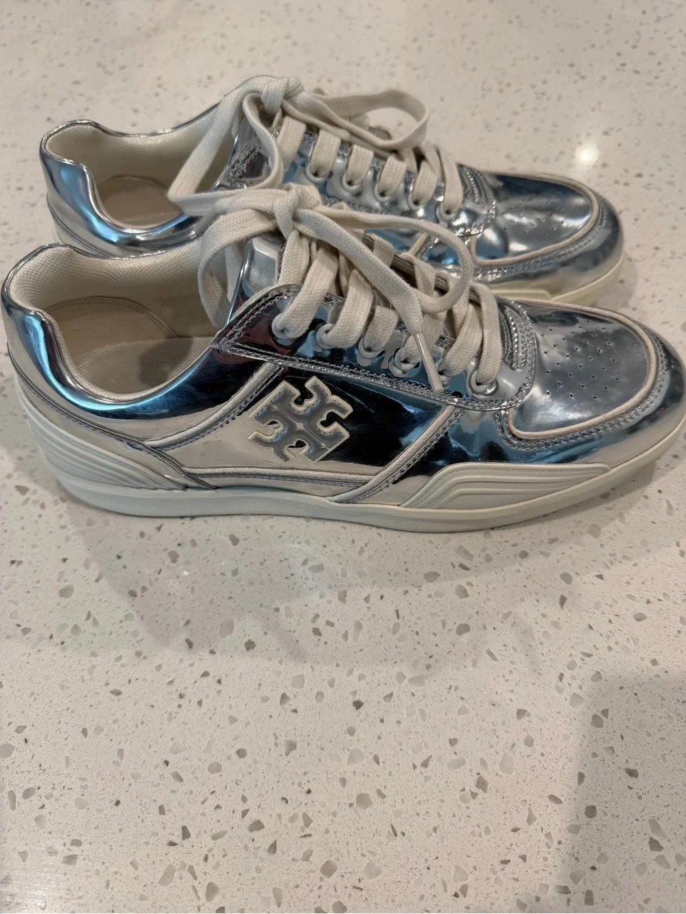 Tory Burch Metallic Clover Silver Low-Top Lace-Up Sneakers